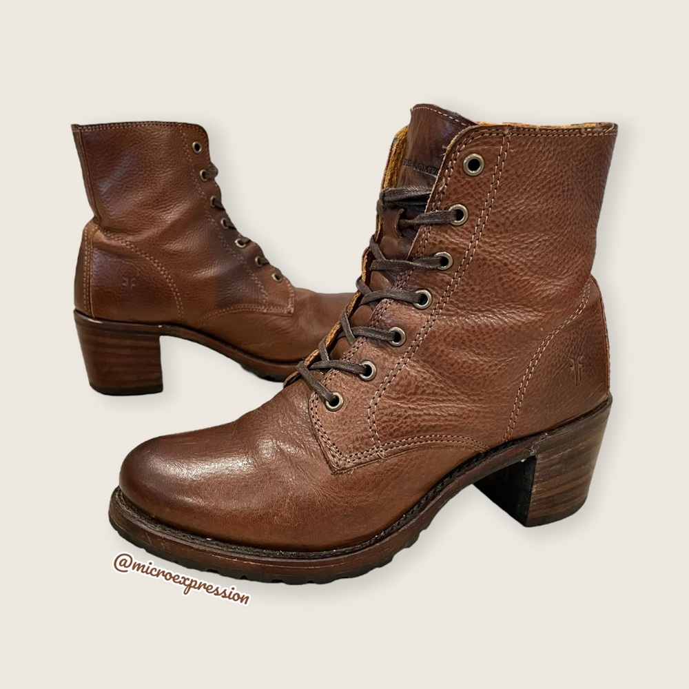 $415 Frye Sabrina 6G Cognac Brown Leather Laced Combat Chunky Heeled Ankle Boots - Picture 9 of 15